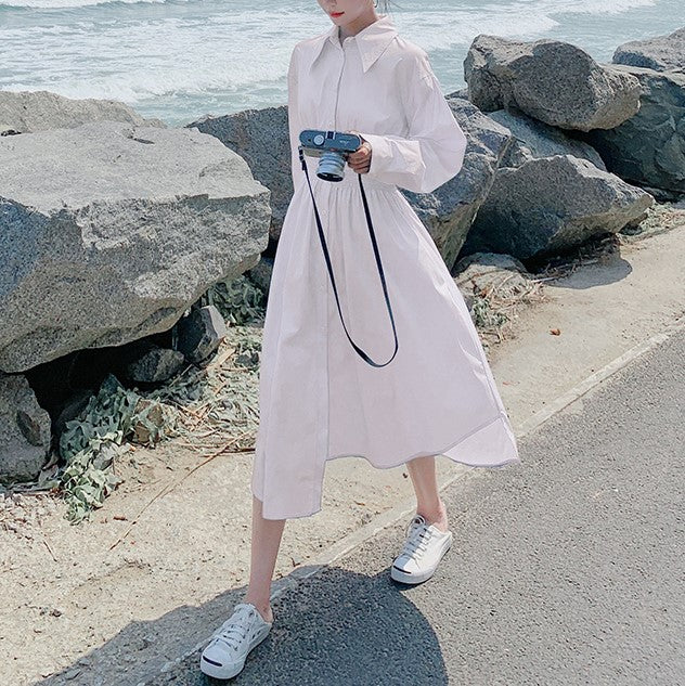 ギャザーウエスト＆ウェーブヘムミディシャツワンピース