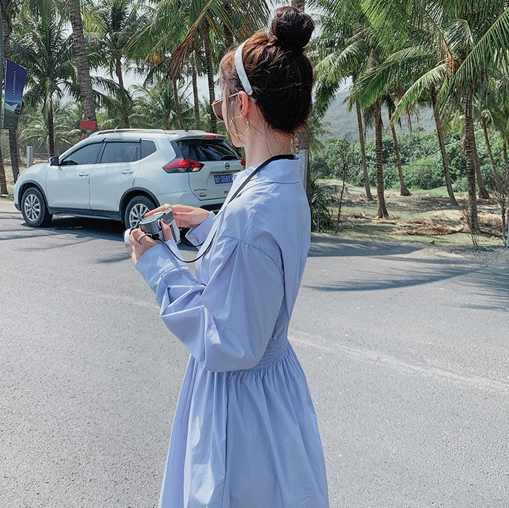 ギャザーウエスト＆ウェーブヘムミディシャツワンピース