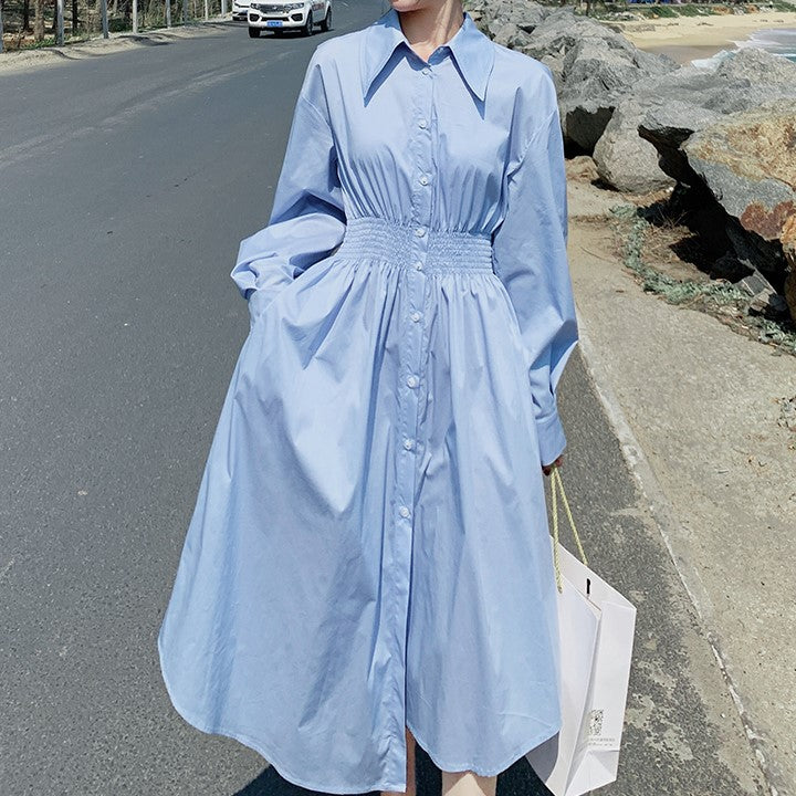 ギャザーウエスト＆ウェーブヘムミディシャツワンピース