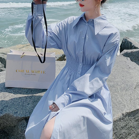 ギャザーウエスト＆ウェーブヘムミディシャツワンピース