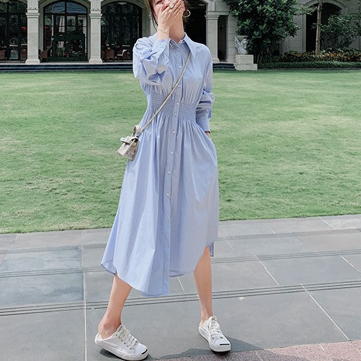 ギャザーウエスト＆ウェーブヘムミディシャツワンピース