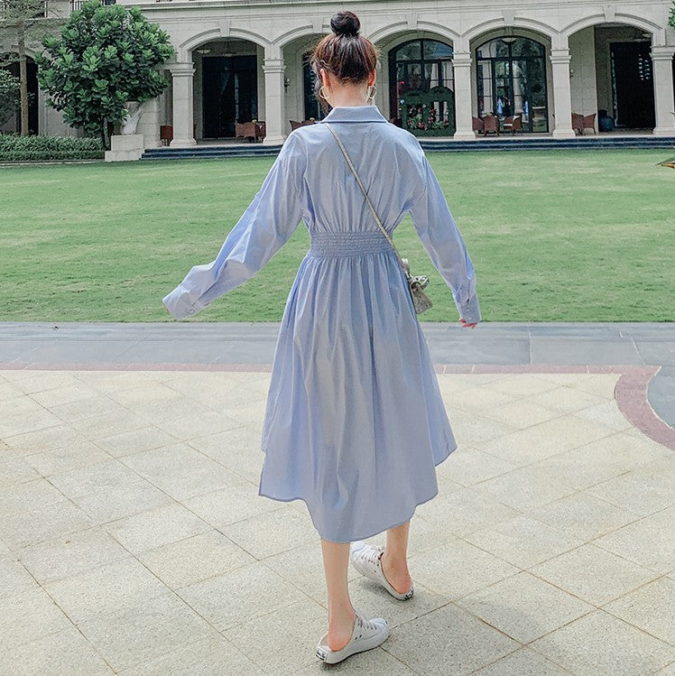 ギャザーウエスト＆ウェーブヘムミディシャツワンピース