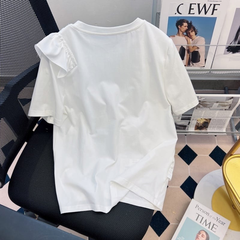 ウェービング＆プレーンパターンフリルデザインTシャツ