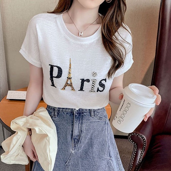 ビーズデザインPArisロゴ半袖Tシャツ