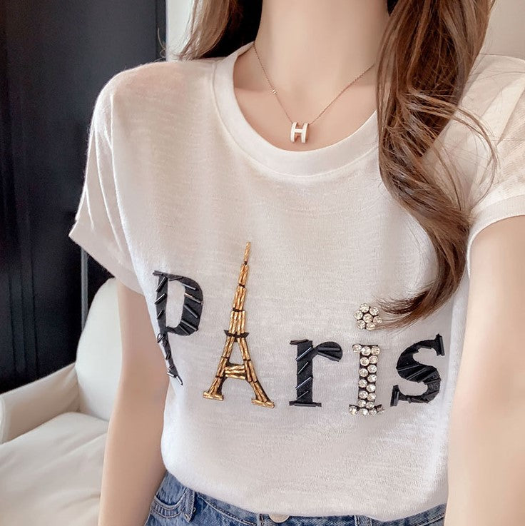 ビーズデザインPArisロゴ半袖Tシャツ