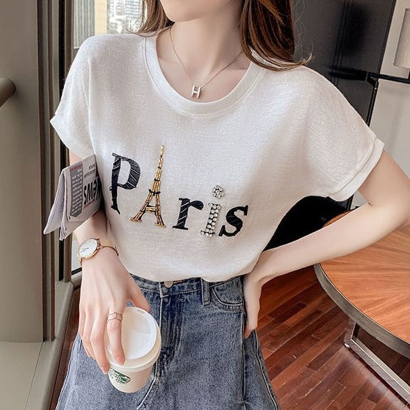 ビーズデザインPArisロゴ半袖Tシャツ