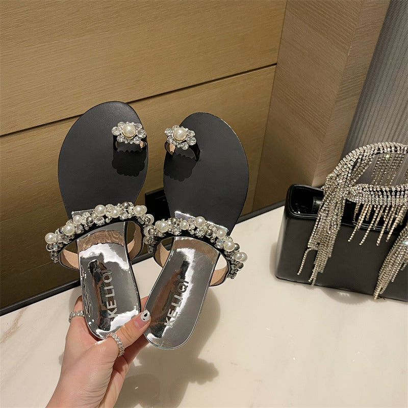 パールラインストーンストラップフラットサンダル