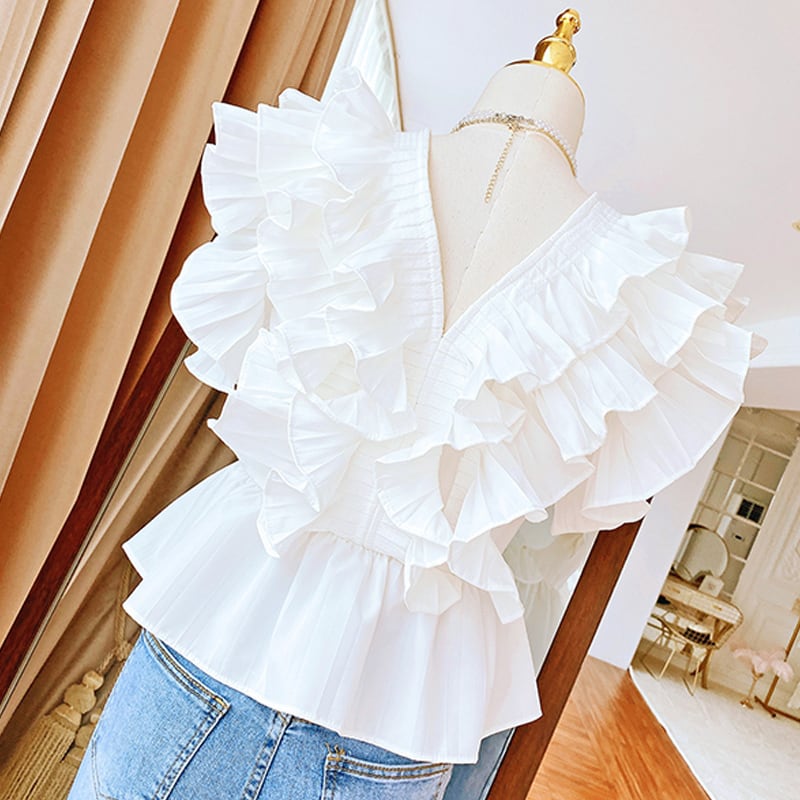 Vネックフリルティアードブラウス