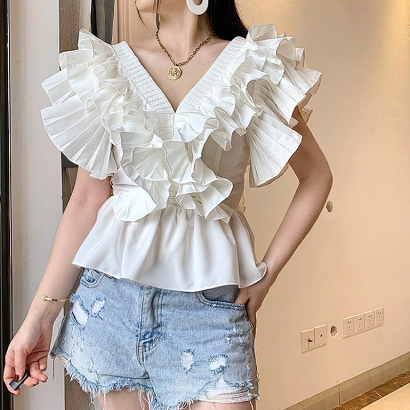 Vネックフリルティアードブラウス