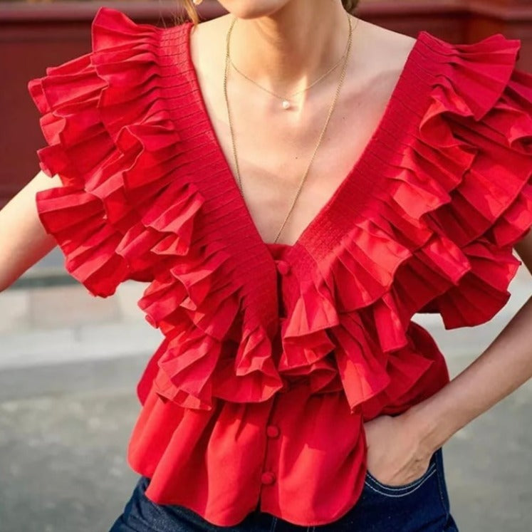 Vネックフリルティアードブラウス