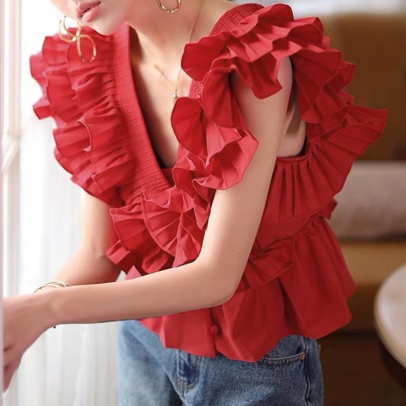 Vネックフリルティアードブラウス