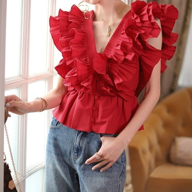 Vネックフリルティアードブラウス