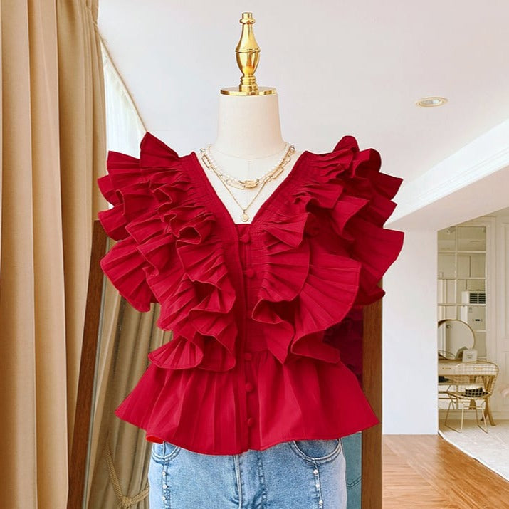 Vネックフリルティアードブラウス