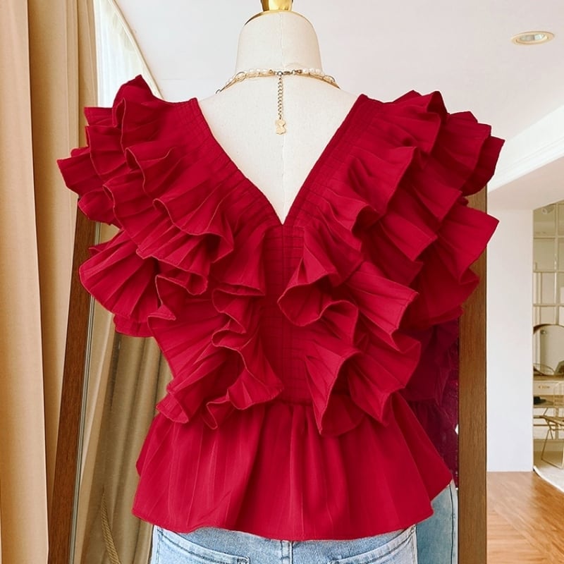 Vネックフリルティアードブラウス