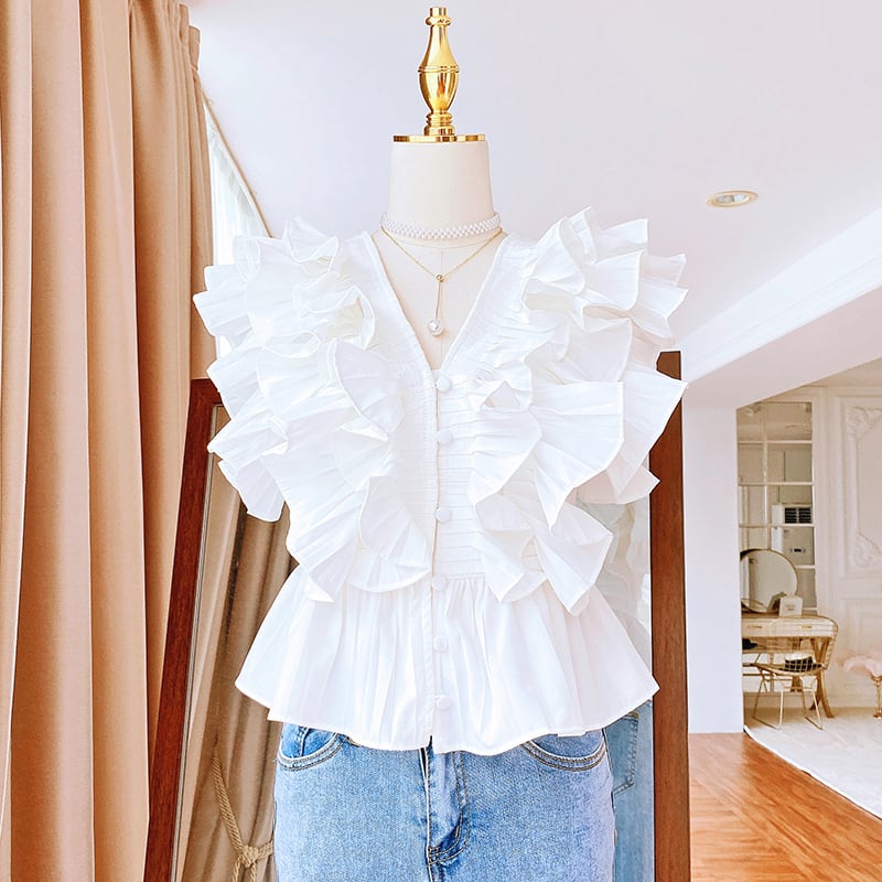 Vネックフリルティアードブラウス