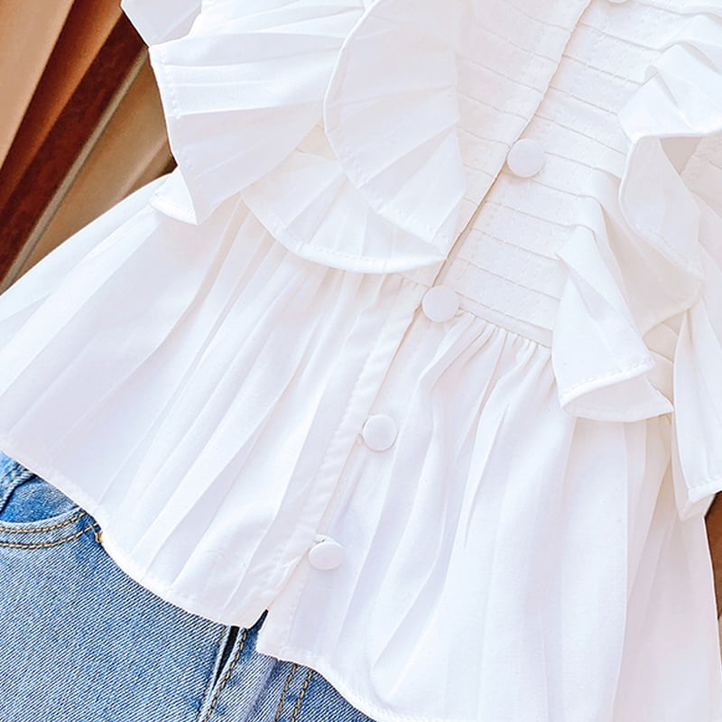 Vネックフリルティアードブラウス